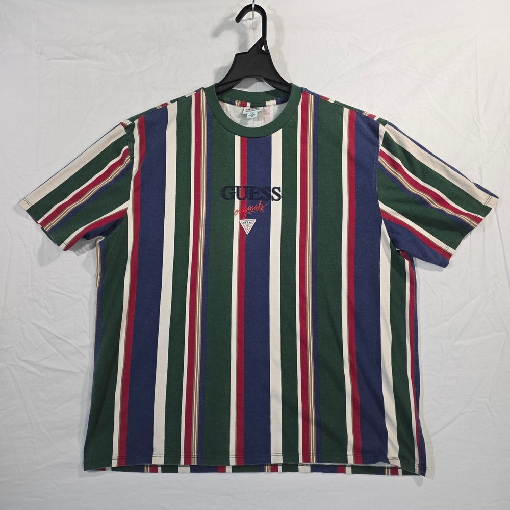 Guess Originals Striped T-Shirt Large Green Blue Red Cotton Y2K Streetwear Tee
